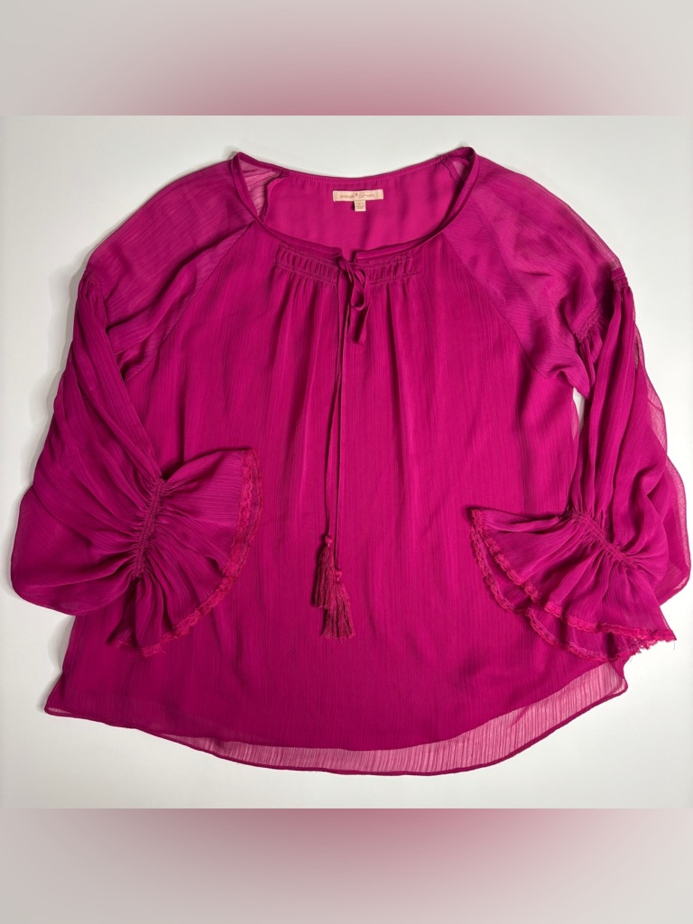 Gibson Latimer Pink Boho Tassel Bell Sleeve Blouse Large